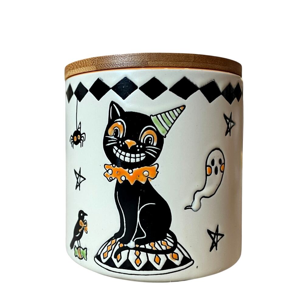 Eli + Ana Ceramic Black Cat Creep Show Canister Wood Lid Halloween 4x4" NEW